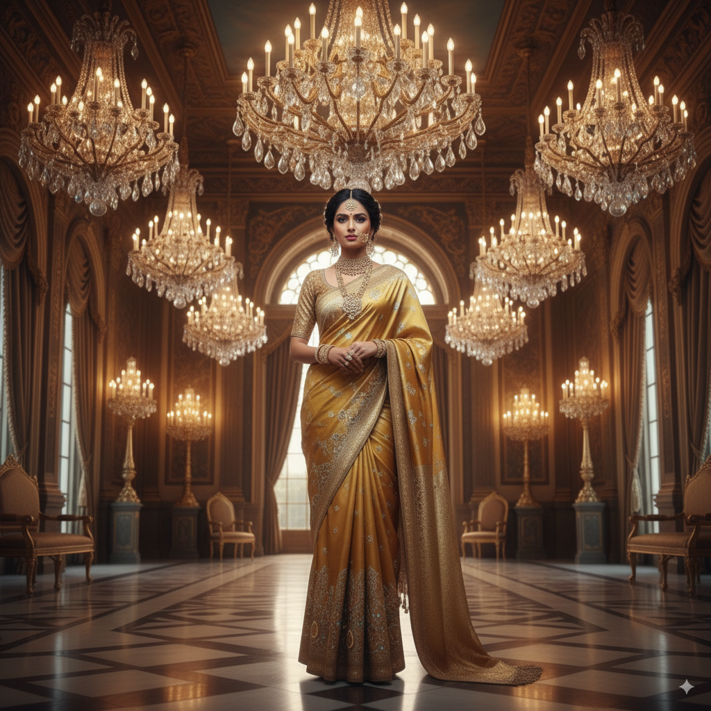 Indian woman in gorgeous maroon and gold sari celebrating Diwali in a decorated house filled with oil lamps, holding a puja plate and smiling